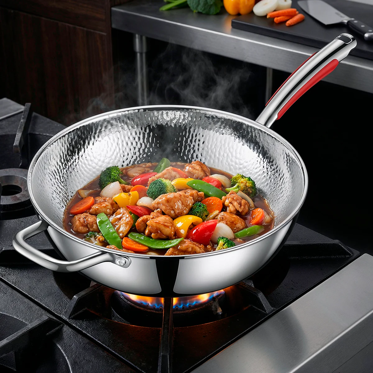 Hammered Titanium Wok Deep Frying Pan with Dual Handles - Image 9